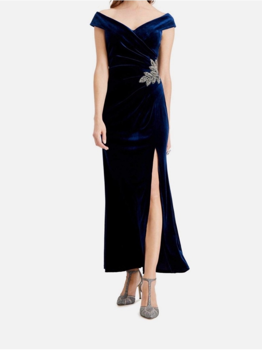 Alex Evening Royal Blue Velvet Off Shoulder Gown With Slit & embellishment Sz 18